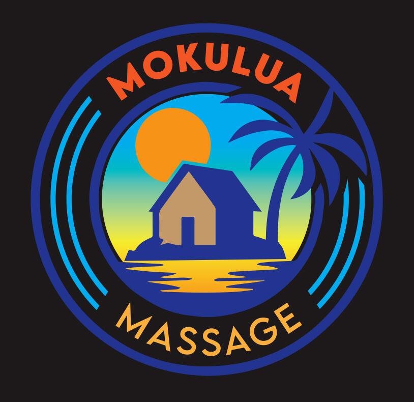 Logo of a home on an island in the sunset with the words Mokulua Massage